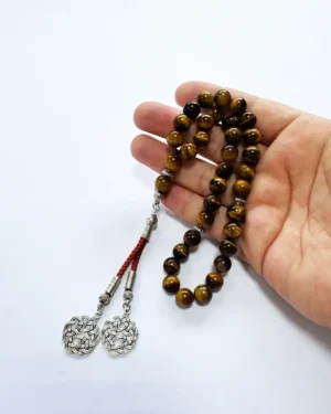 Natural Tiger Eye Stone Misbaha 33 Beads with Silver Knot Tassel