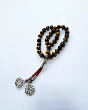 Natural Tiger Eye Misbaha 33 Beads with Silver Knot Tassel